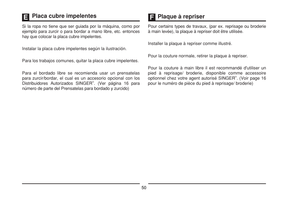 Placa cubre impelentes, Plaque à repriser | SINGER 1512 PROMISE II Instruction Manual User Manual | Page 50 / 59