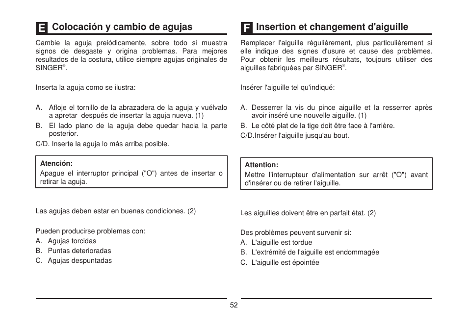 Colocación y cambio de agujas, Insertion et changement d'aiguille | SINGER 1512 PROMISE II Instruction Manual User Manual | Page 52 / 59