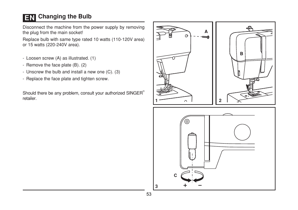 Changing the bulb | SINGER 1512 PROMISE II Instruction Manual User Manual | Page 53 / 59