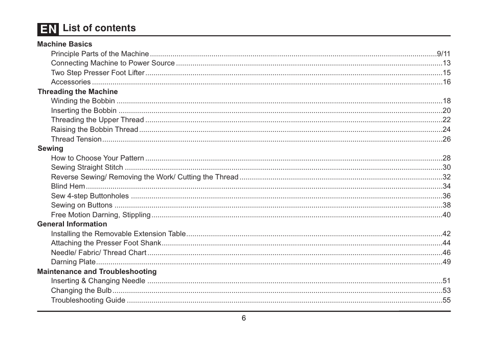 List of contents | SINGER 1512 PROMISE II Instruction Manual User Manual | Page 6 / 59