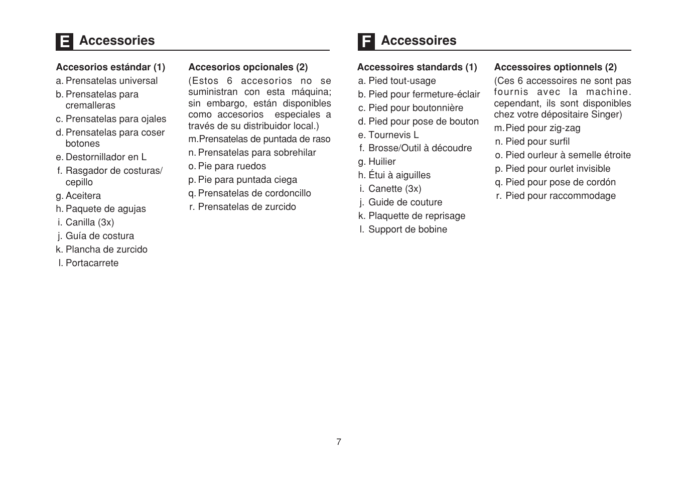 Accessories accessoires | SINGER 1525 User Manual | Page 14 / 76