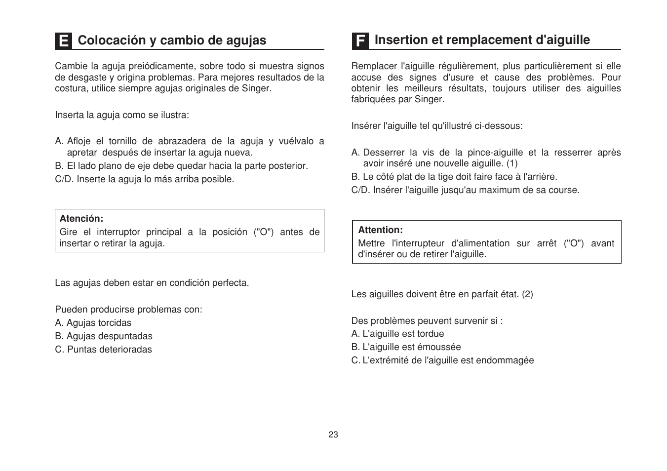 Colocación y cambio de agujas, Insertion et remplacement d'aiguille | SINGER 1525 User Manual | Page 30 / 76