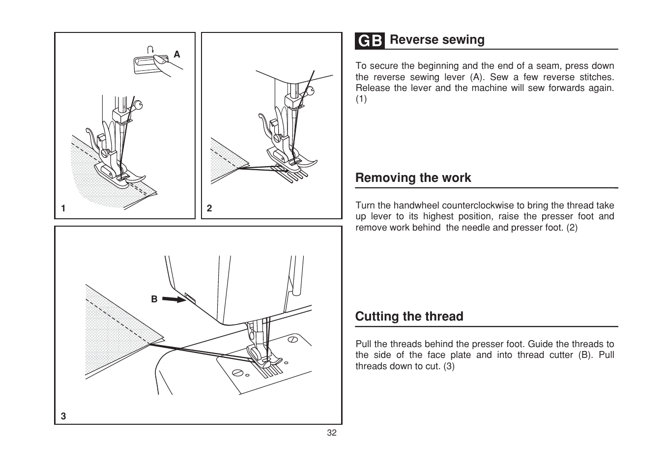 Removing the work cutting the thread, Reverse sewing | SINGER 1525 User Manual | Page 39 / 76