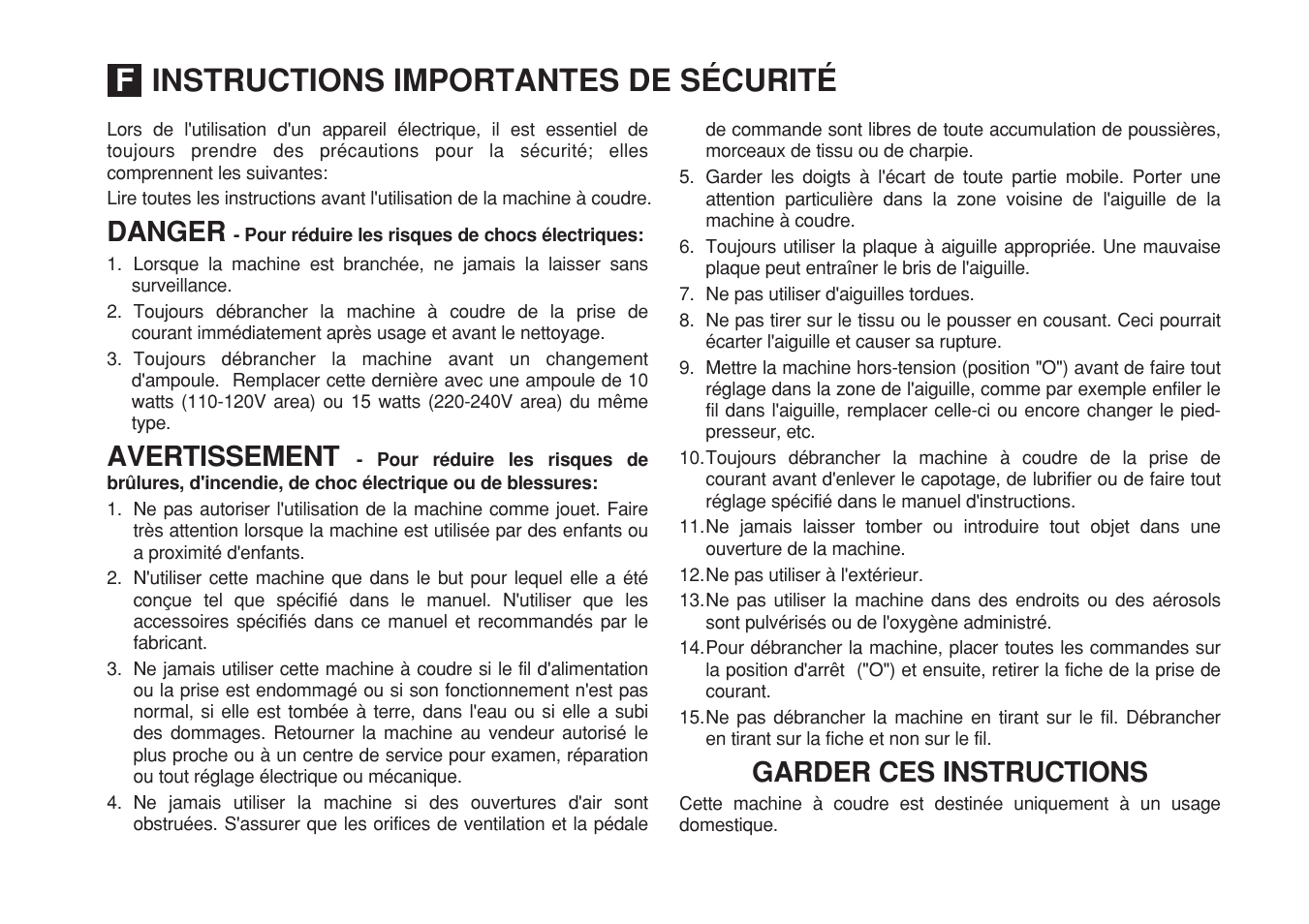 Instructions importantes de sécurité, Danger avertissement garder ces instructions | SINGER 1525 User Manual | Page 4 / 76