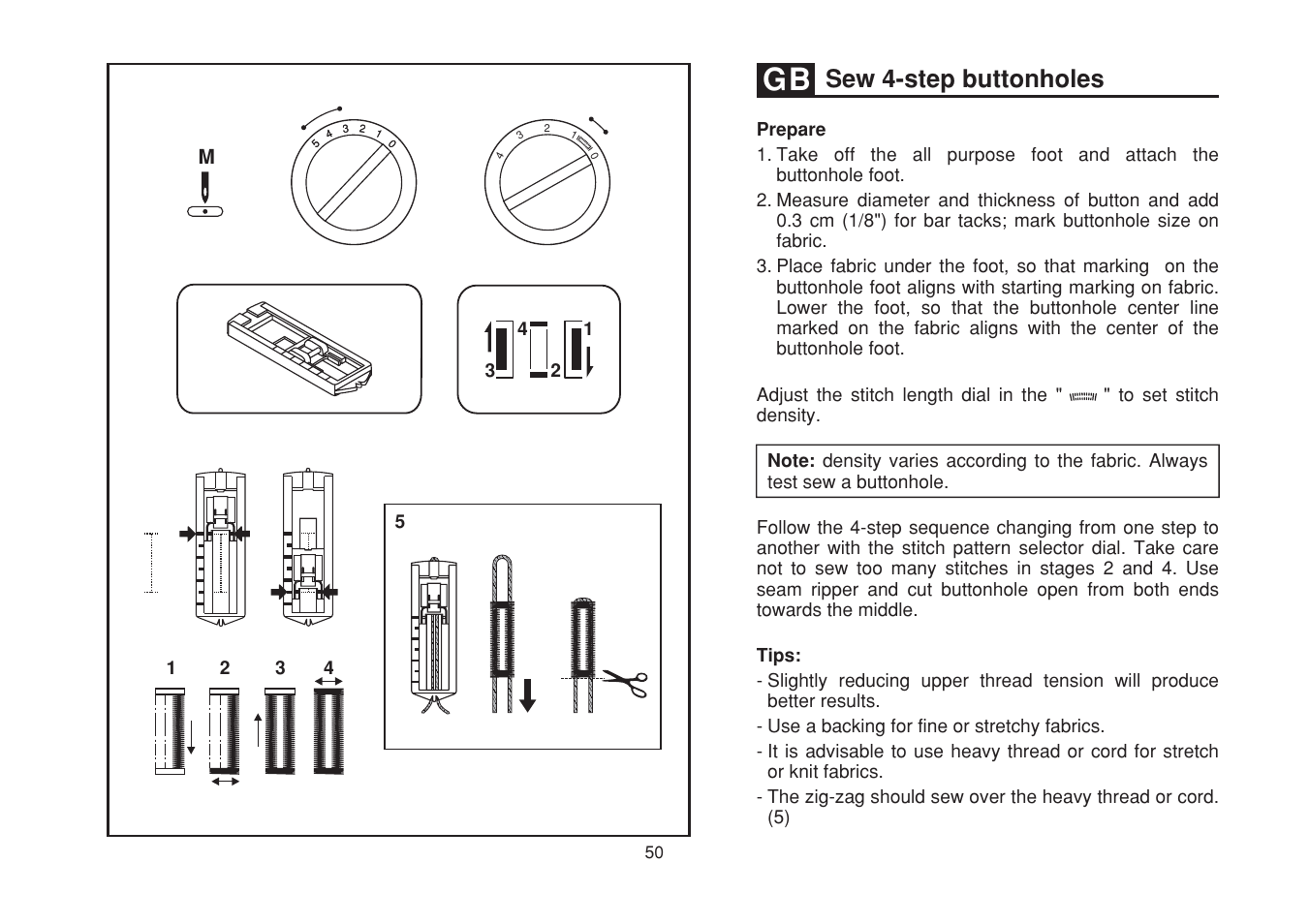 Sew 4-step buttonholes | SINGER 1525 User Manual | Page 57 / 76