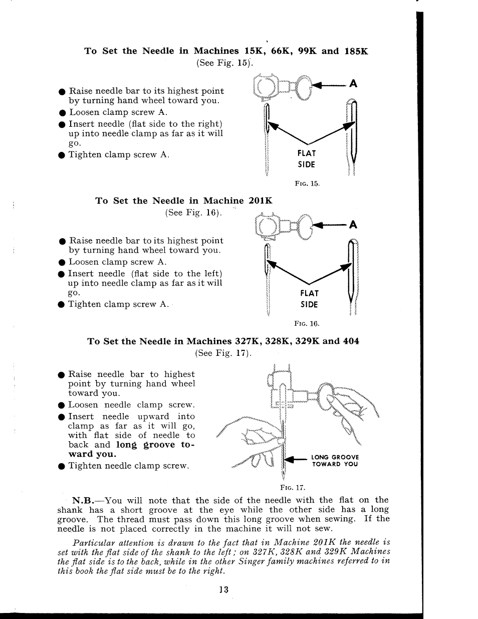 To set the needle in machines 15k, 66k, 99k and | SINGER 404K User Manual | Page 13 / 78