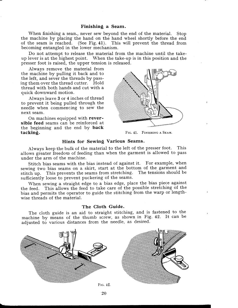 Finishing a seam, Hints for sewing various seams, The cloth guide | SINGER 404K User Manual | Page 20 / 78