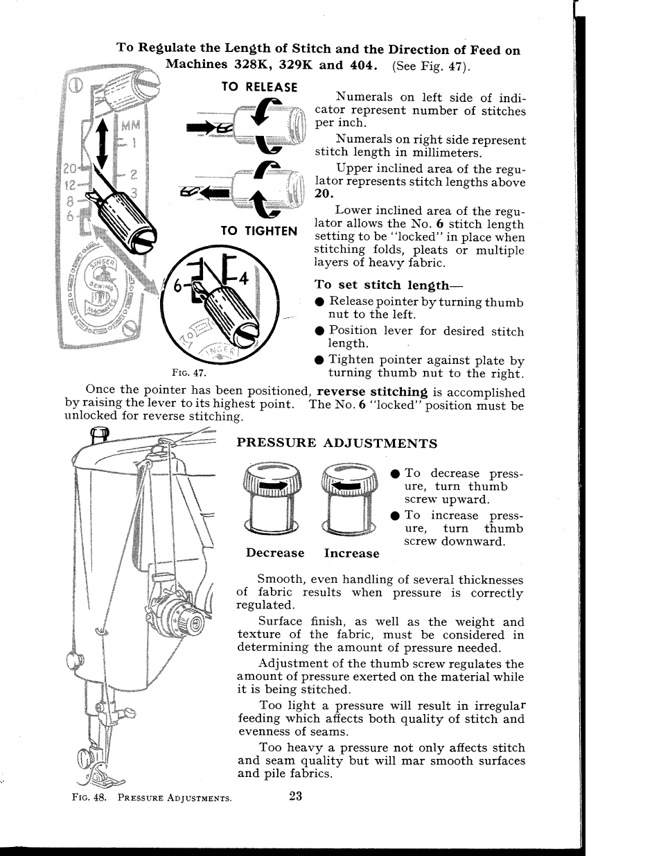 To tighten, Pressure adjustments | SINGER 404K User Manual | Page 23 / 78