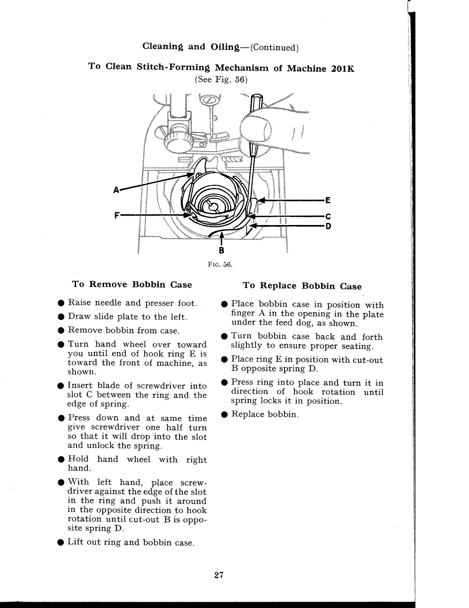 To clean stitch-forming mechanism of machine 20ik, To remove bobbin case, To replace bobbin case | SINGER 404K User Manual | Page 27 / 78