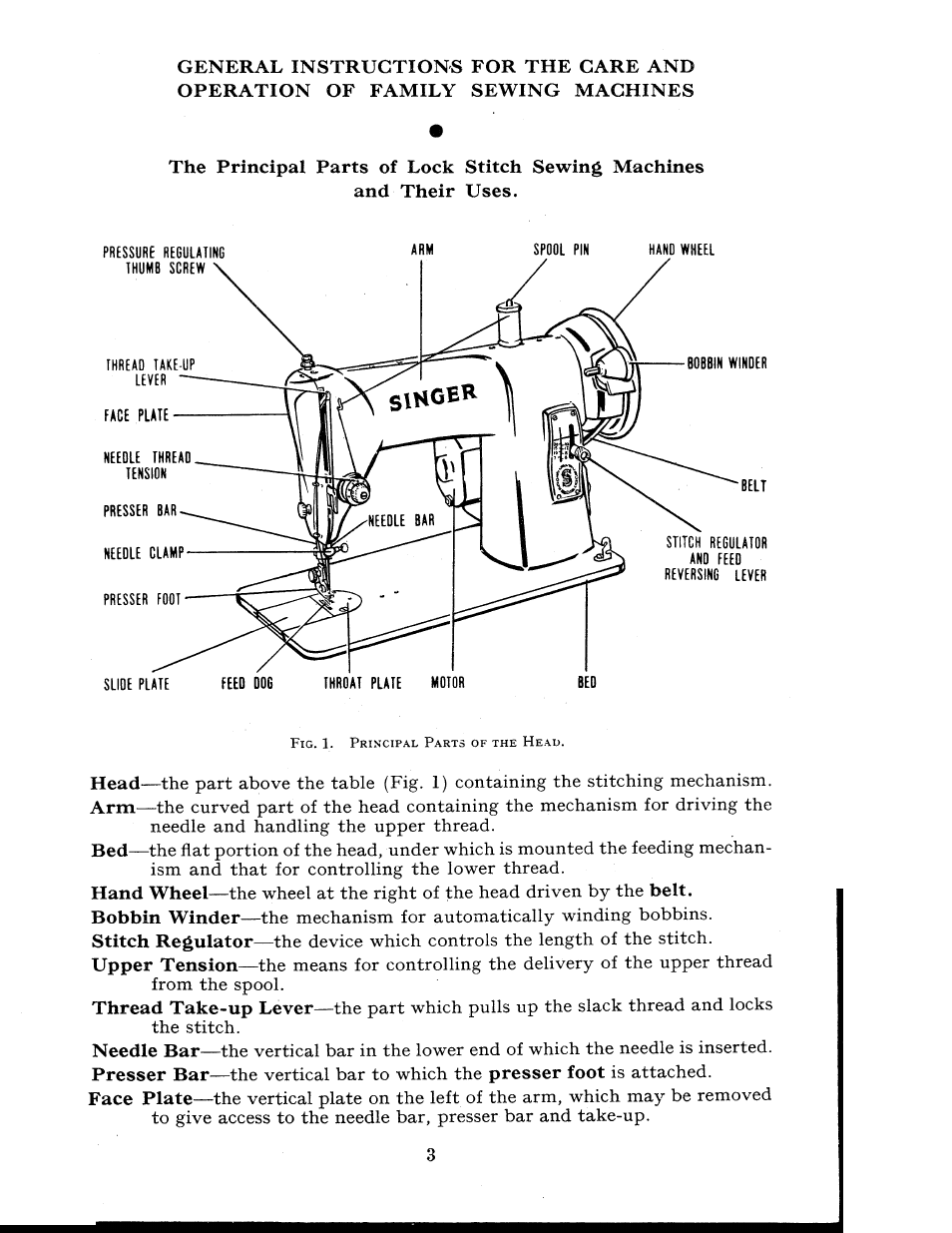 The principal parts of lock stitch sewing machines, And their uses, Head | Hand wheel, Belt. bobbin winder, Stitch regulator, Upper tension, Thread take-up lever, Needle bar, Presser bar | SINGER 404K User Manual | Page 3 / 78