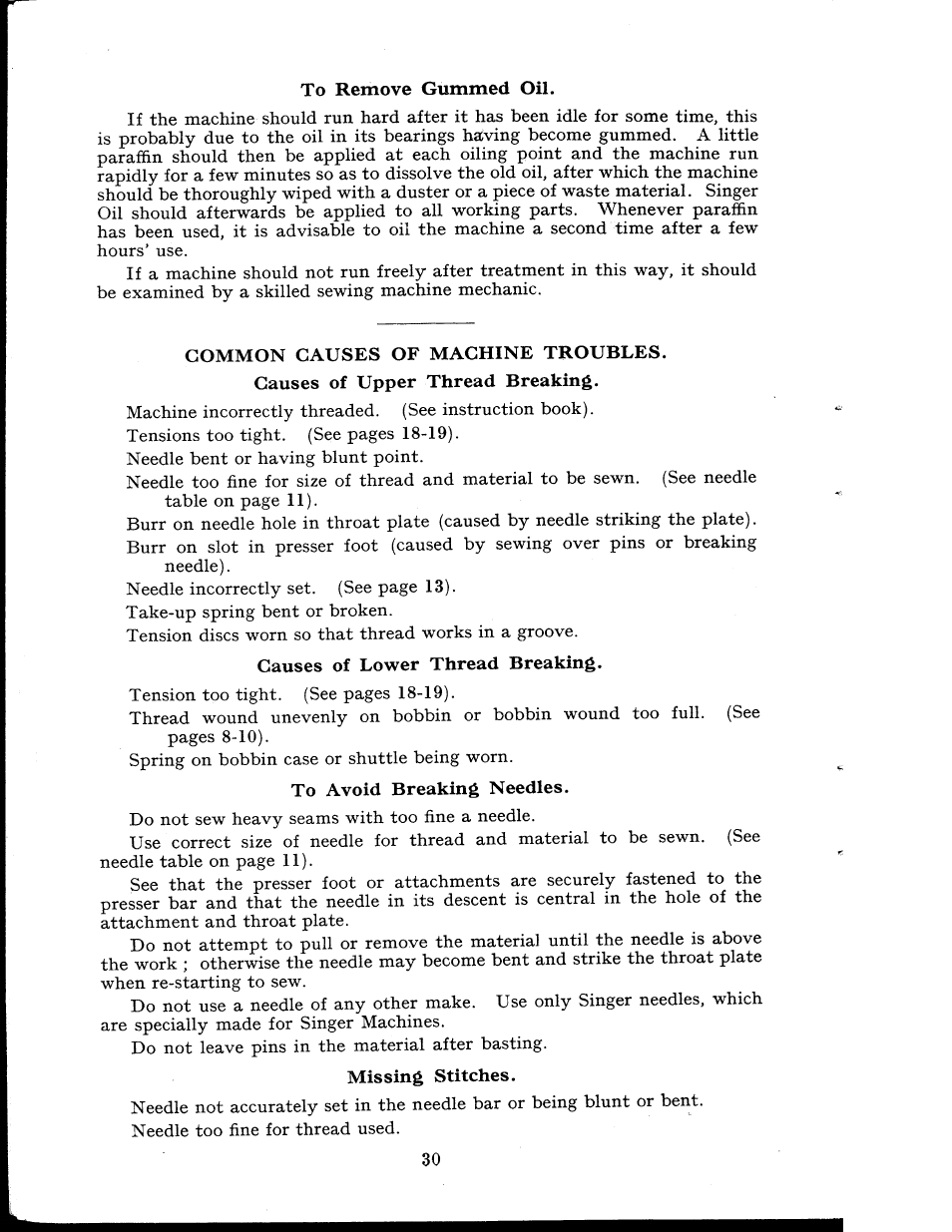 To remove gummed oil, Common causes of machine troubles | SINGER 404K User Manual | Page 30 / 78