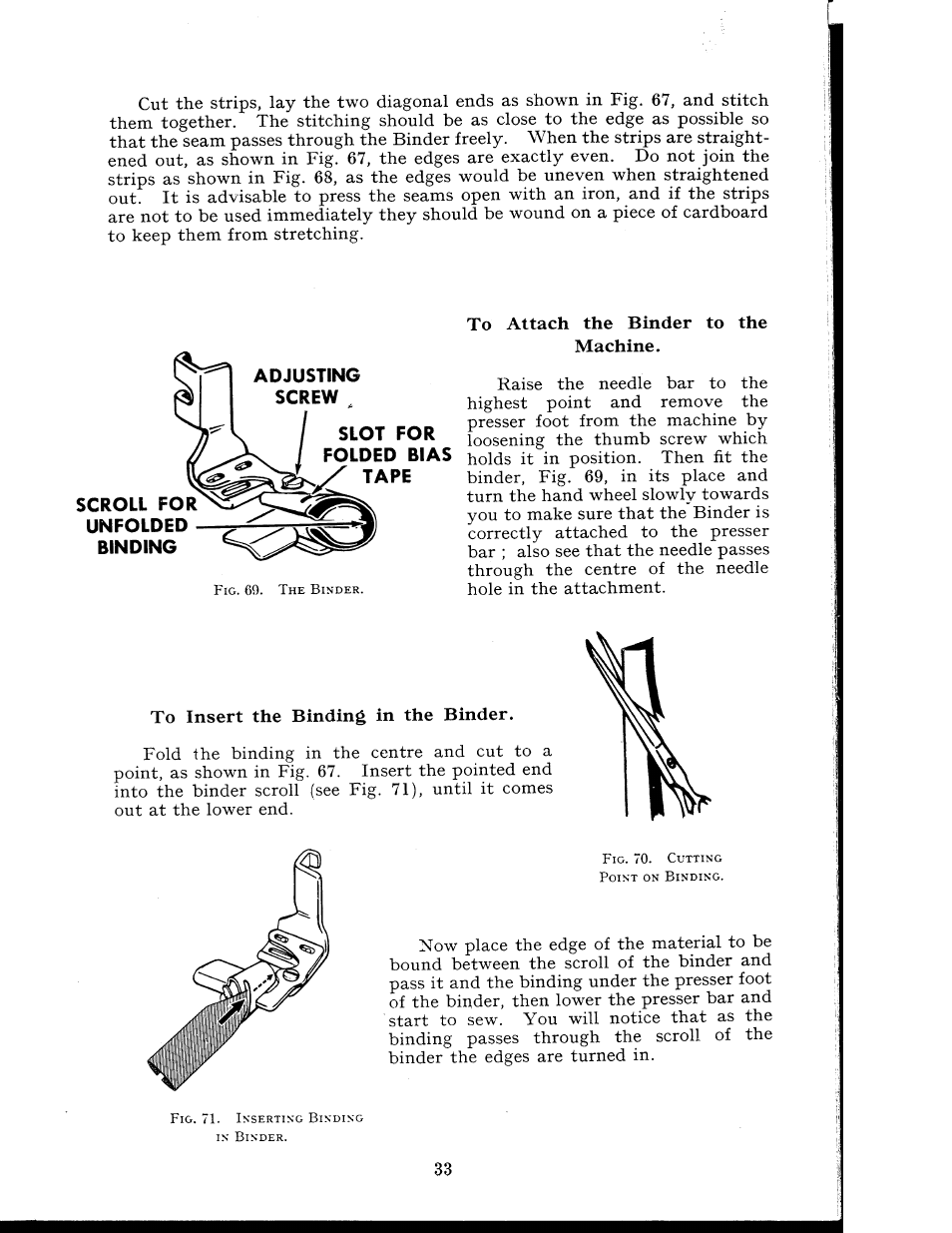 To attach the binder to the machine, To insert the binding in the binder | SINGER 404K User Manual | Page 33 / 78