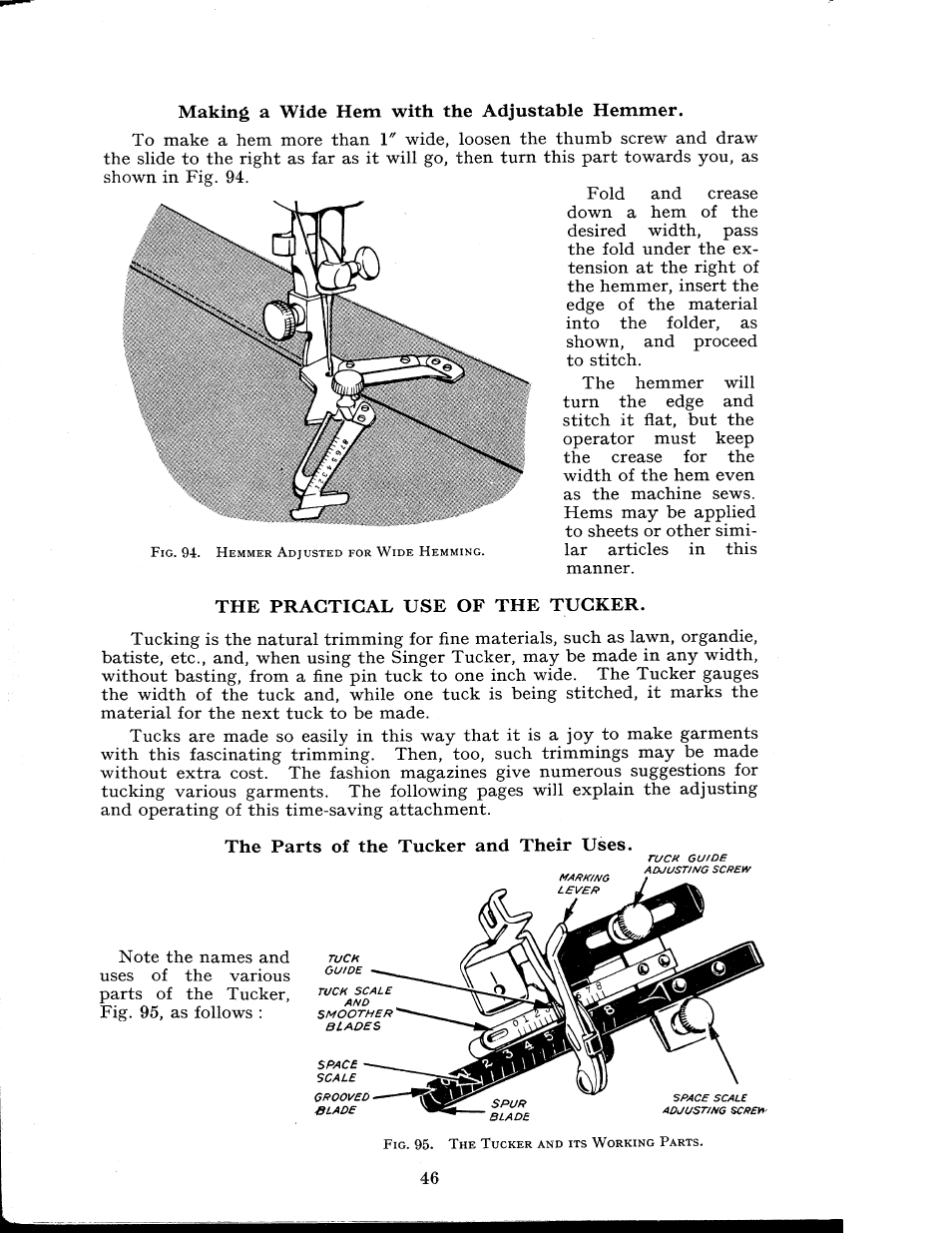 The practical use of the tucker, The parts of the tucker and their uses, Making a wide hem with the adjustable hemmer | SINGER 404K User Manual | Page 46 / 78