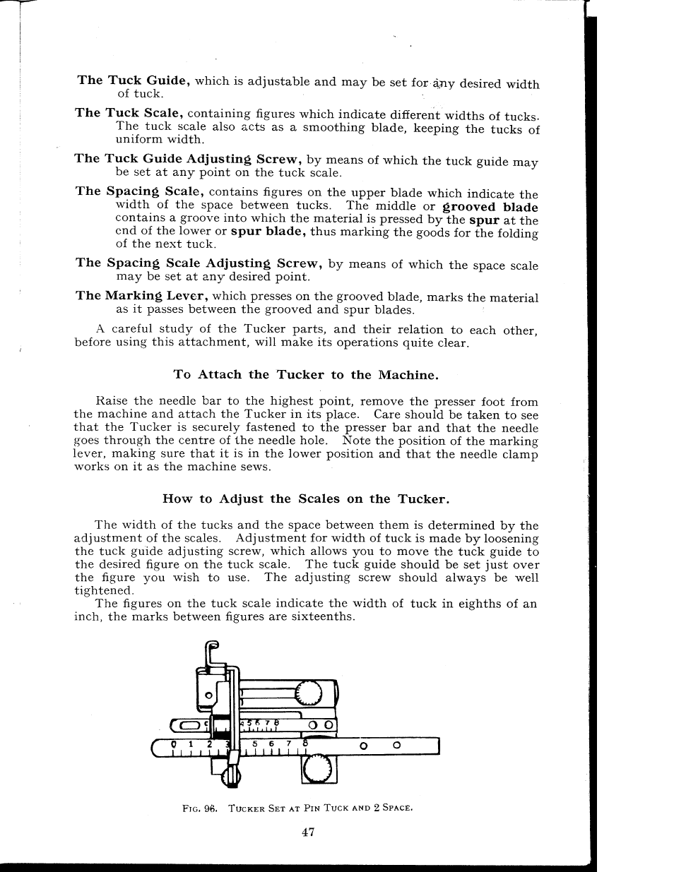 To attach the tucker to the machine, How to adjust the scales on the tucker | SINGER 404K User Manual | Page 47 / 78