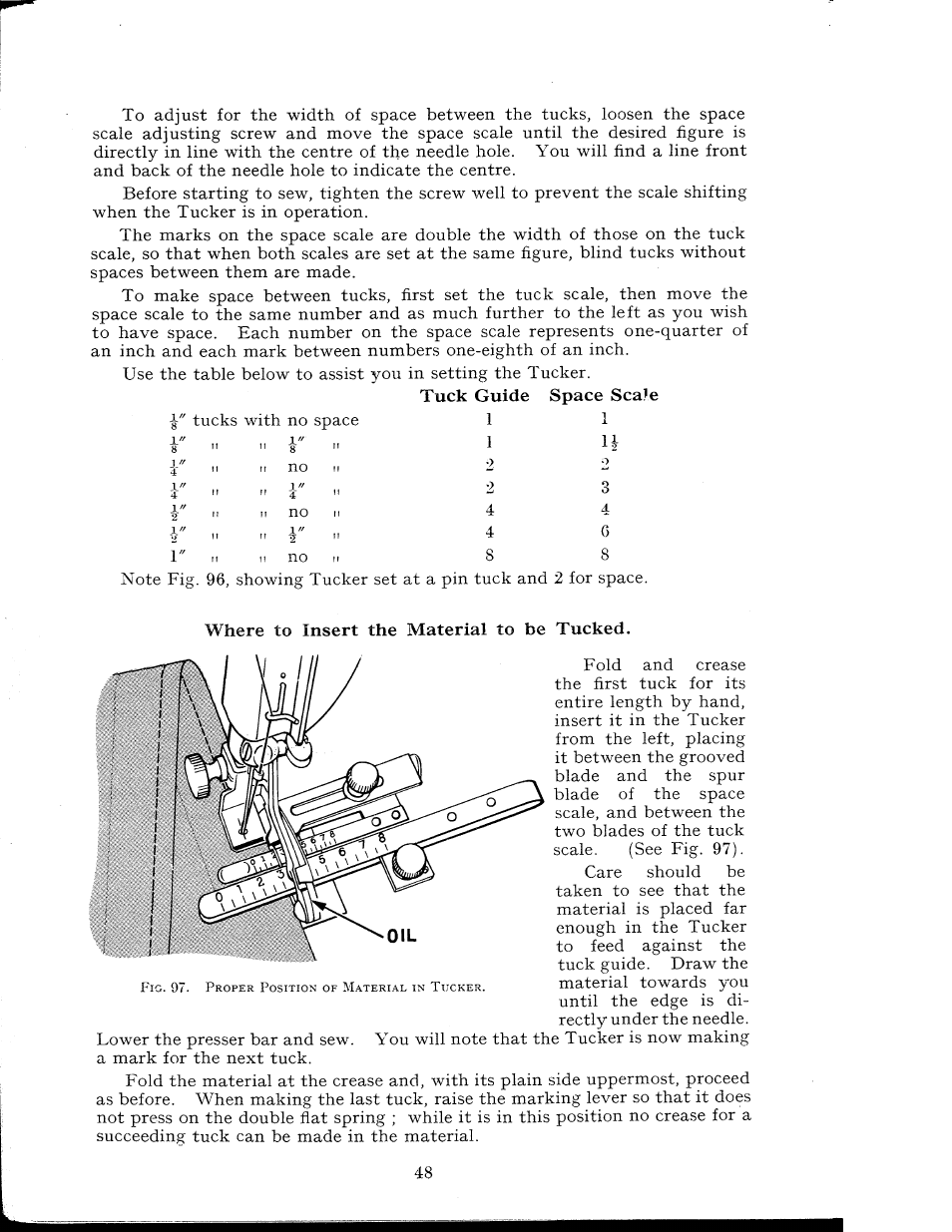 Where to insert the material to be tucked, Tuck guide space sca?e | SINGER 404K User Manual | Page 48 / 78