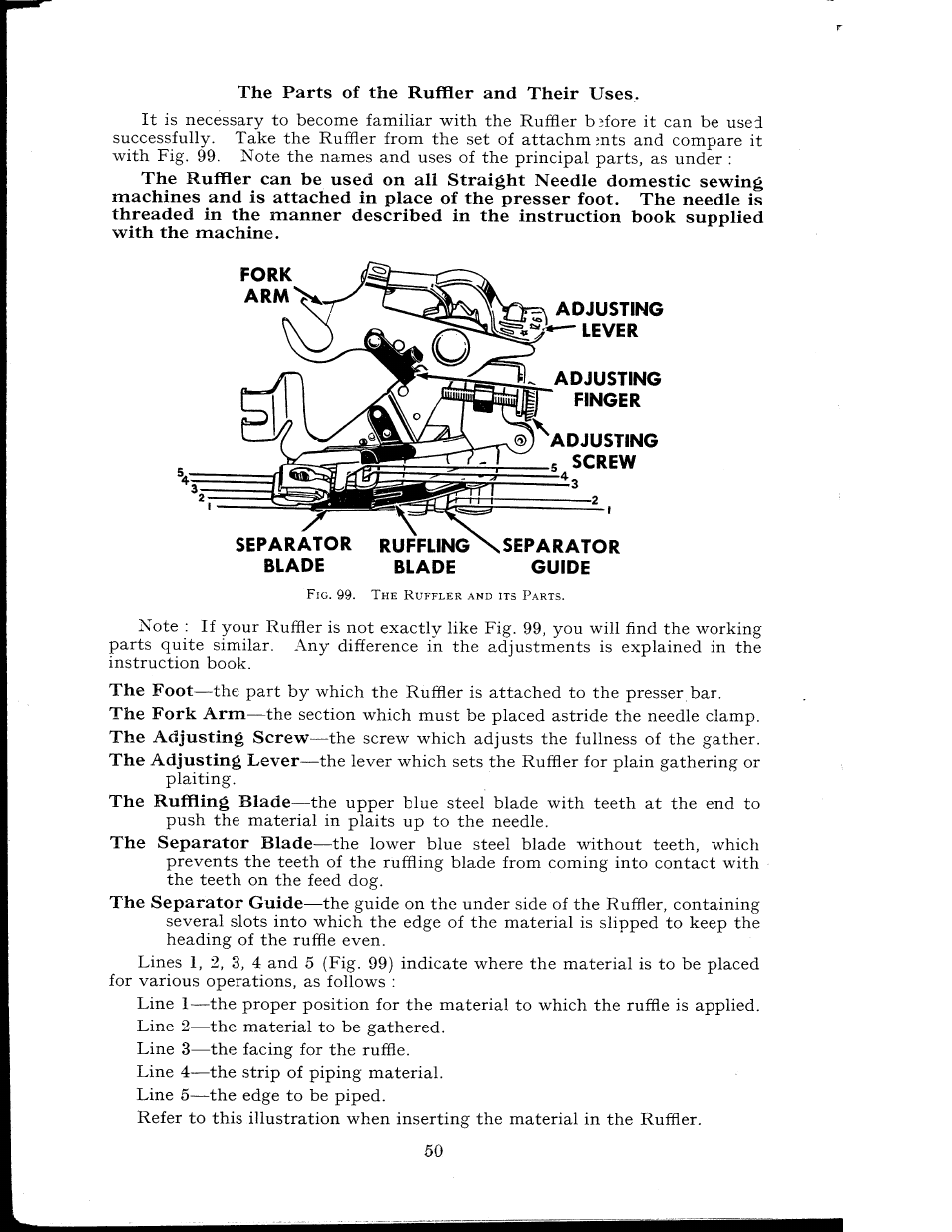 Adjusting lever, Adjusting, Finger | Adjusting 5 screw, Separator ruffling ^separator blade blade guide, The foot, The fork arm, The adjusting screw, The adjusting lever, The ruffling blade | SINGER 404K User Manual | Page 50 / 78