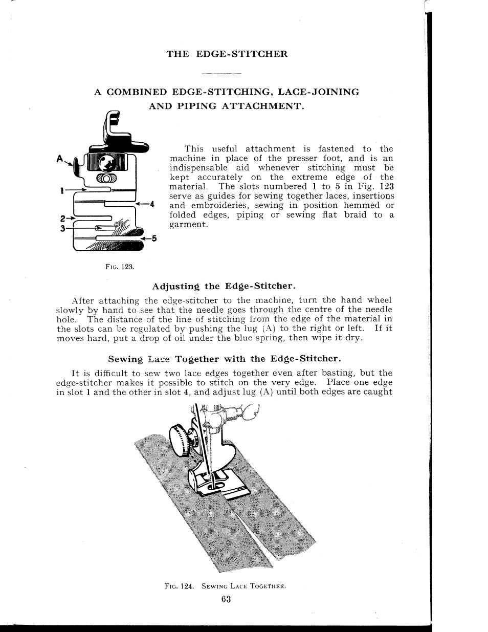 Adjusting the edge-stitcher, Sewing lace together with the edge-stitcher | SINGER 404K User Manual | Page 63 / 78