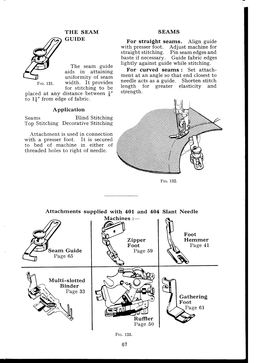 The seam guide, Application, Seams | Attachments supplied with 401 and 404 slant needle, Multi-slotted binder | SINGER 404K User Manual | Page 67 / 78