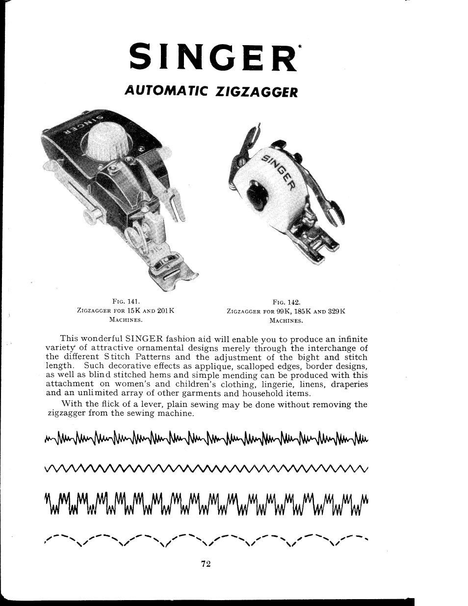 Singer, Automatic zigzagger | SINGER 404K User Manual | Page 72 / 78
