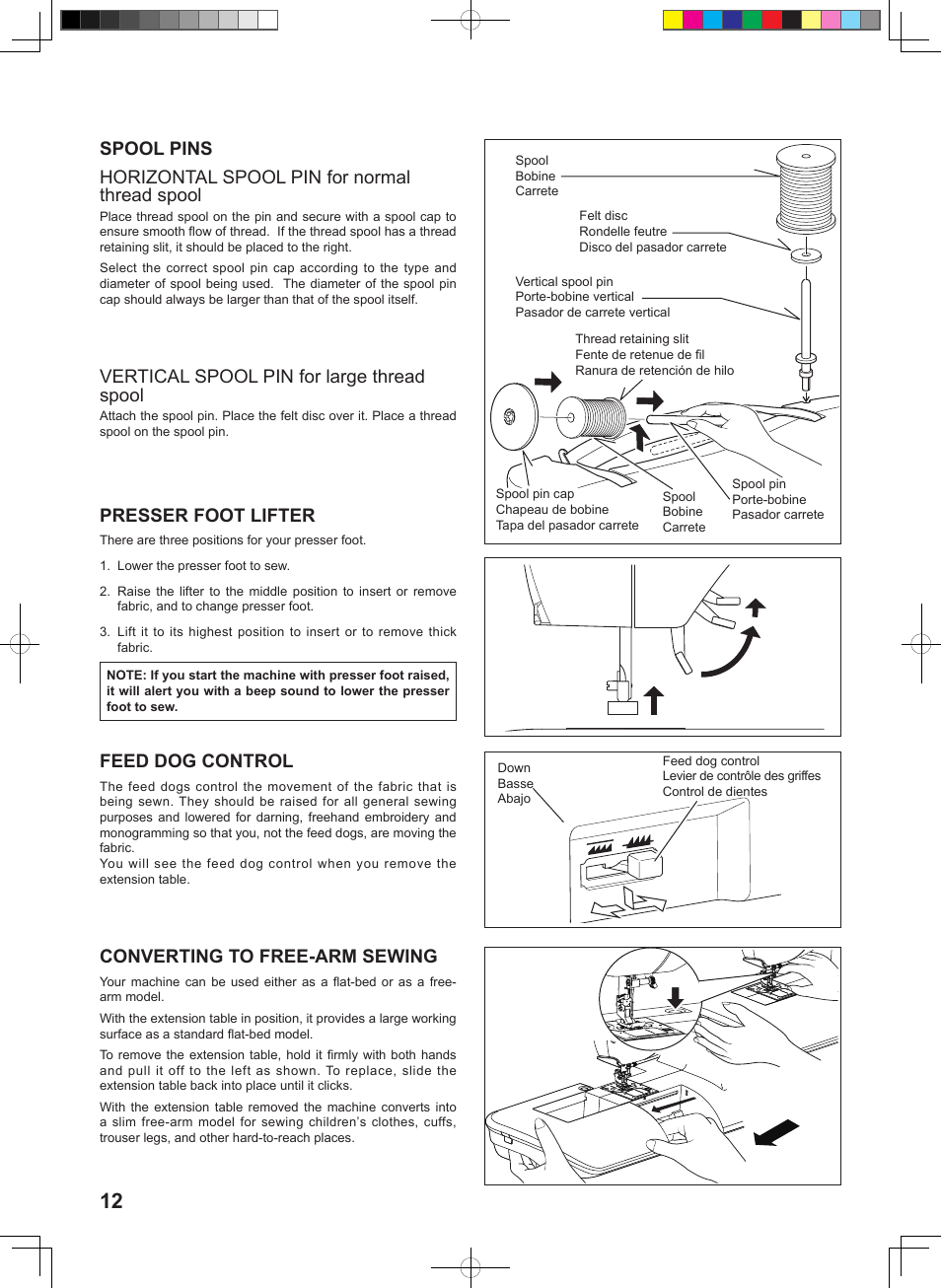 Converting to free-arm sewing, Presser foot lifter, Vertical spool pin for large thread spool | Feed dog control | SINGER 160 User Manual | Page 14 / 60