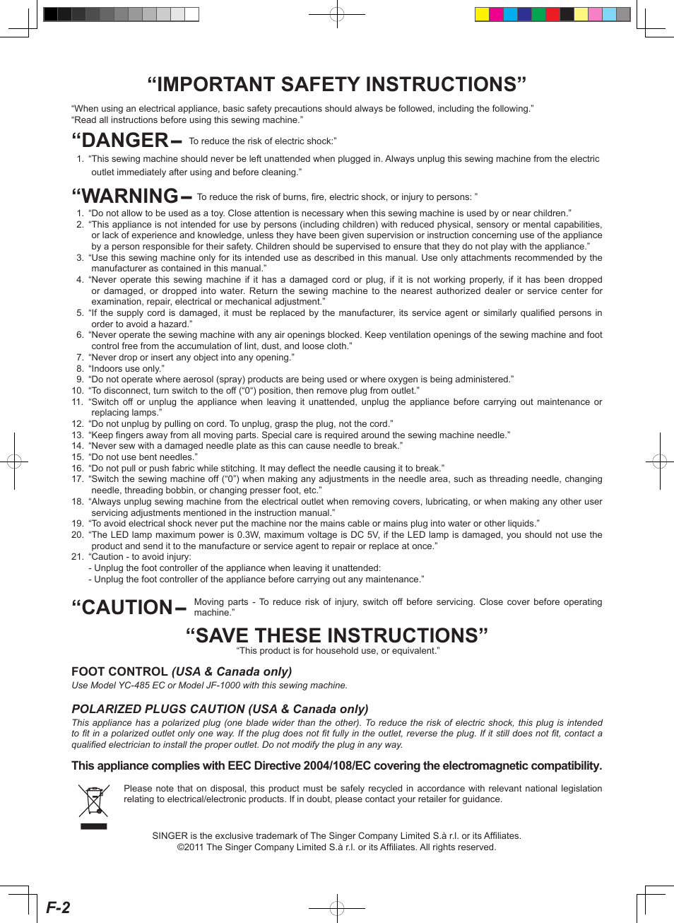 Important safety instructions” “warning, Save these instructions, Danger | Caution | SINGER 160 User Manual | Page 2 / 60