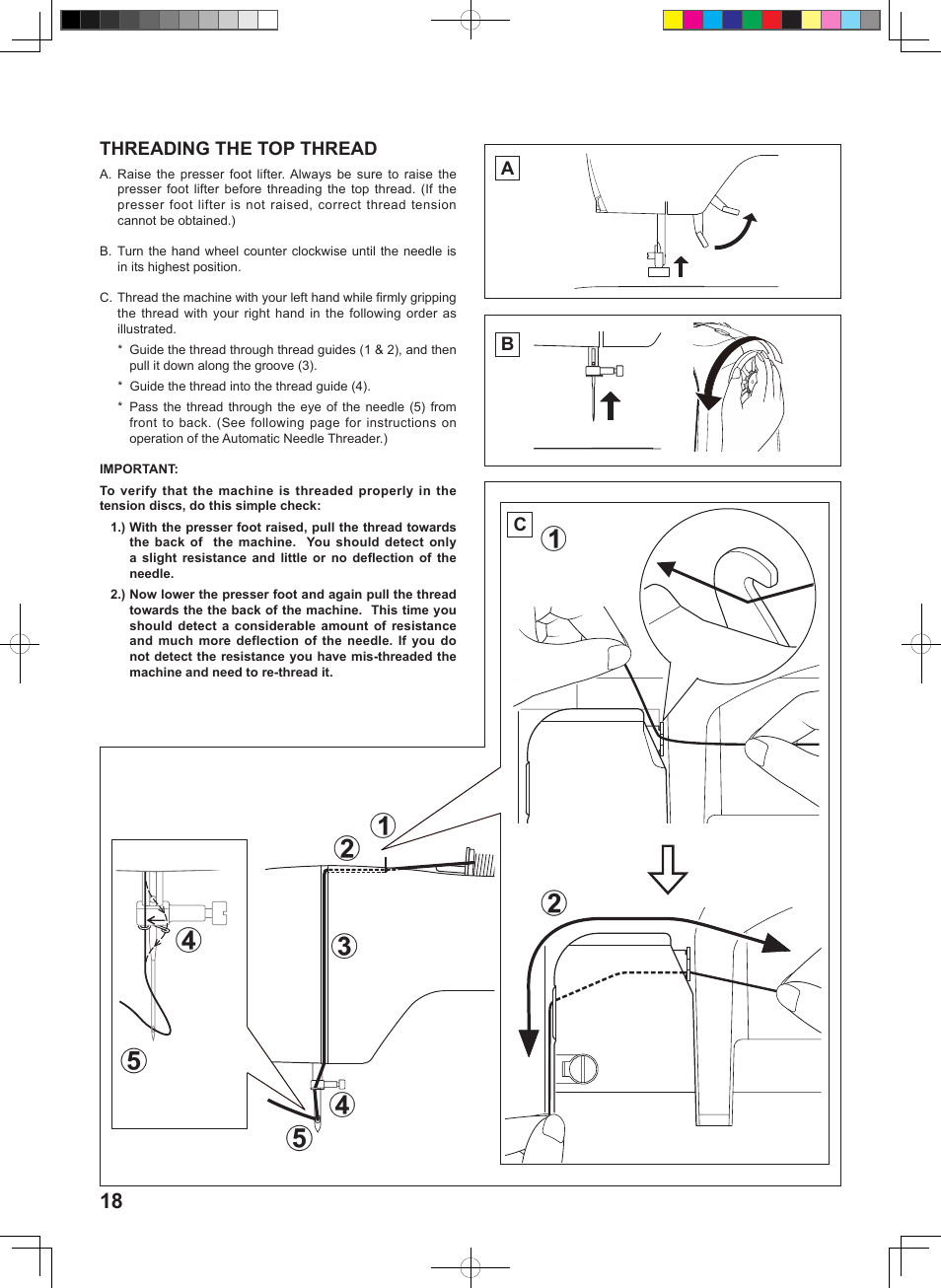 Threading the top thread, Ab c | SINGER 160 User Manual | Page 20 / 60