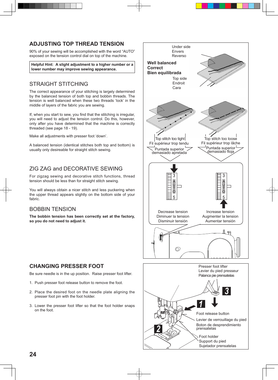 Adjusting top thread tension, Straight stitching, Zig zag and decorative sewing | Bobbin tension, Changing presser foot | SINGER 160 User Manual | Page 26 / 60