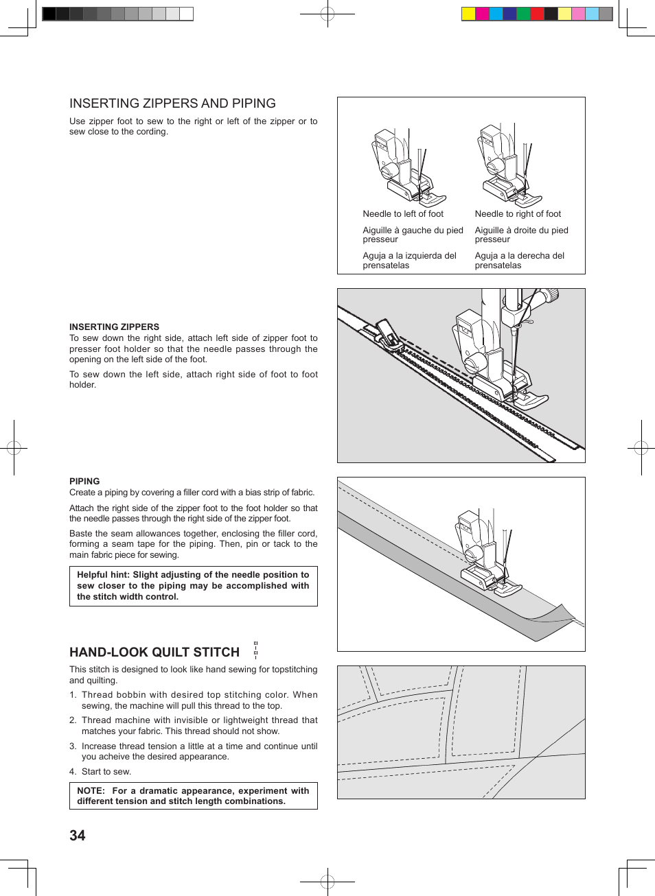 Inserting zippers and piping, Hand-look quilt stitch | SINGER 160 User Manual | Page 36 / 60