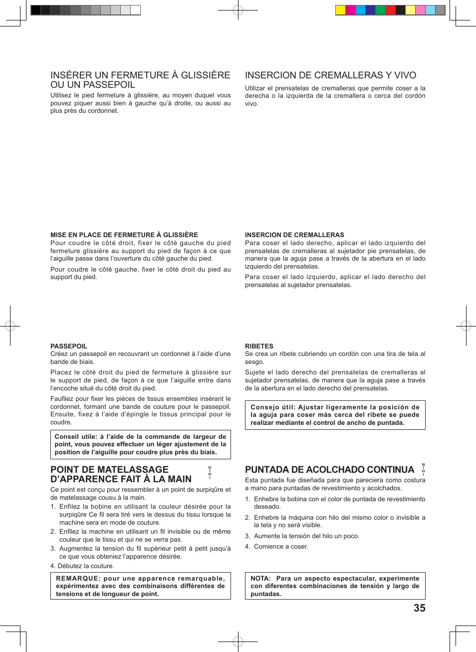 Insérer un fermeture à glissière ou un passepoil, Insercion de cremalleras y vivo, Point de matelassage d’apparence fait à la main | Puntada de acolchado continua | SINGER 160 User Manual | Page 37 / 60