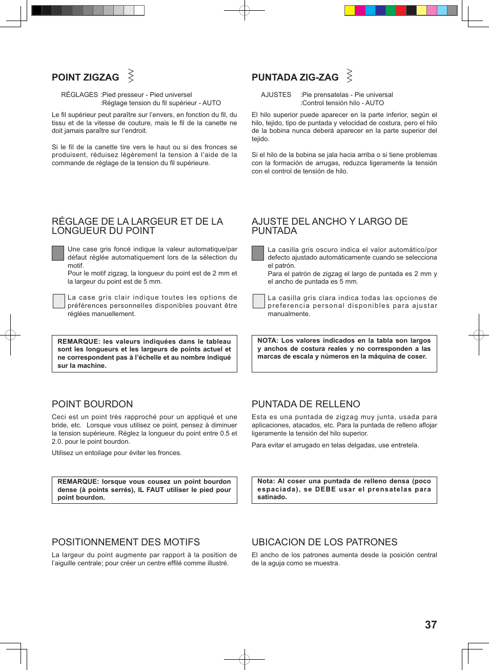 Point zigzag, Puntada zig-zag, Puntada de relleno | Ubicacion de los patrones, Point bourdon, Positionnement des motifs | SINGER 160 User Manual | Page 39 / 60