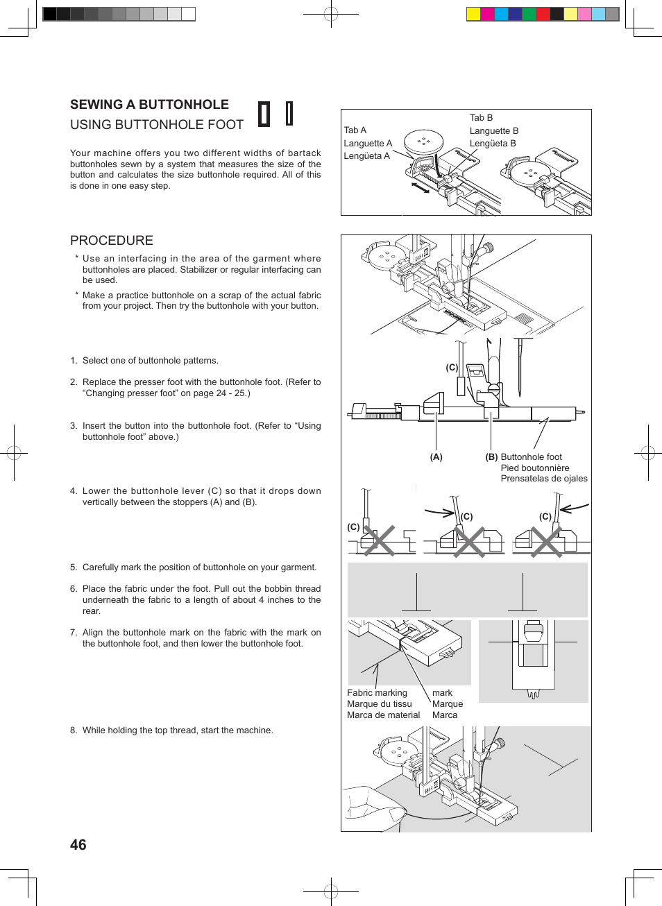 Sewing a buttonhole using buttonhole foot, Procedure | SINGER 160 User Manual | Page 48 / 60