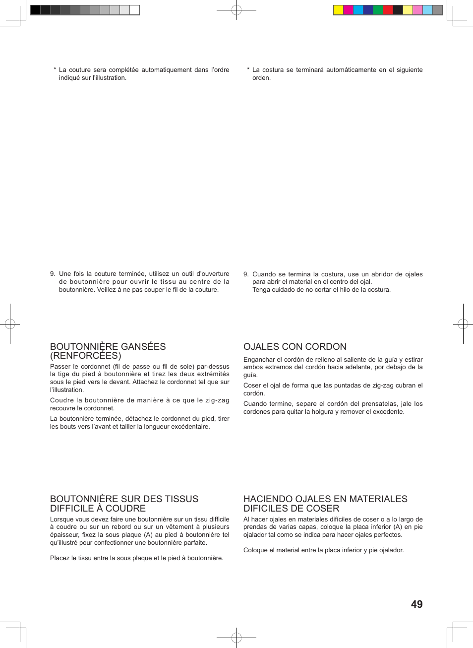 Boutonnière gansées (renforcées), Ojales con cordon, Boutonnière sur des tissus difficile à coudre | Haciendo ojales en materiales dificiles de coser | SINGER 160 User Manual | Page 51 / 60