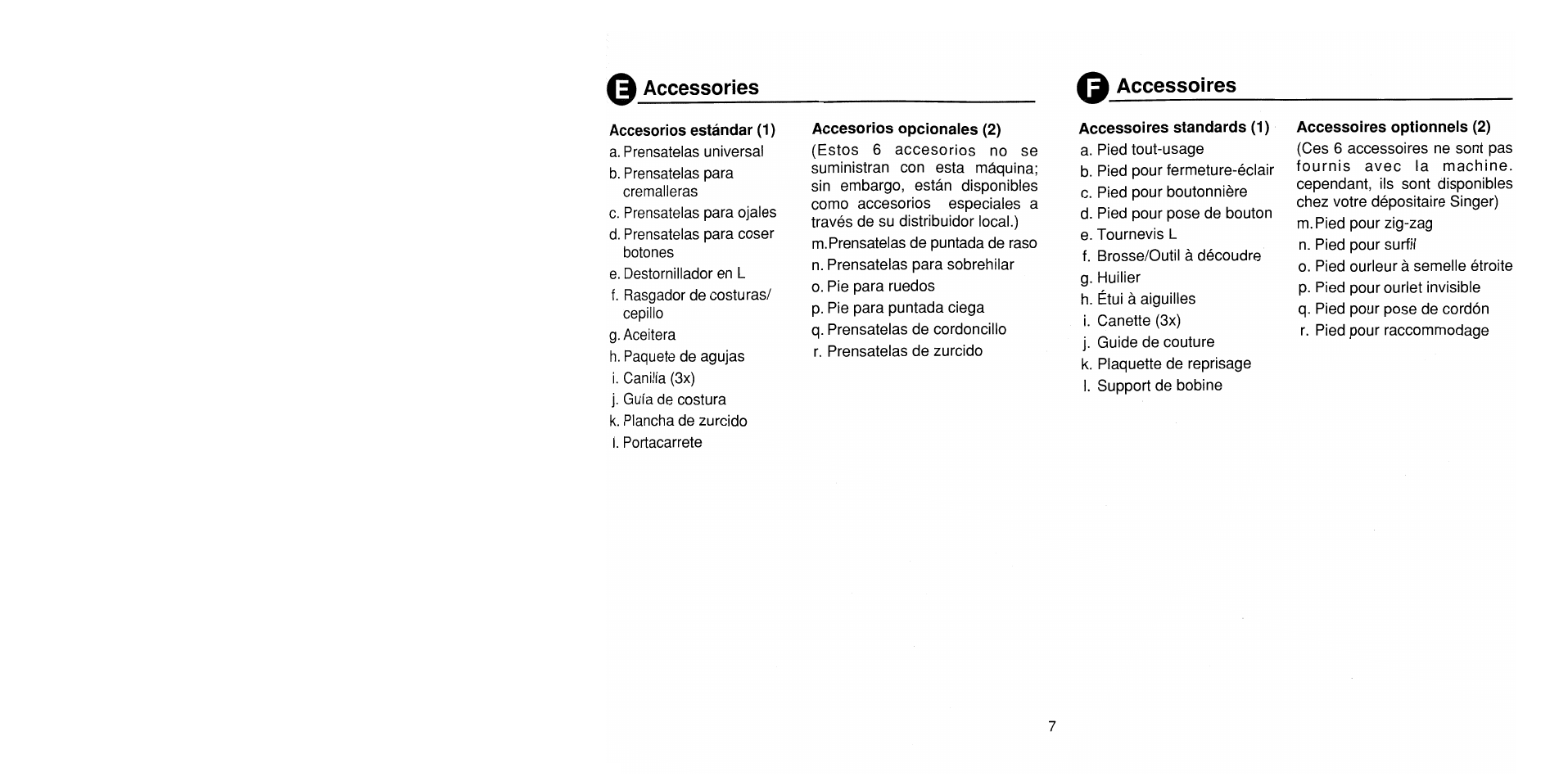 O accessoires, Accesorios opcionales (2), Accessoires standards (1) | Accessoires optionnels (2), Accessories, Accessories o accessoires | SINGER 1725 User Manual | Page 15 / 84