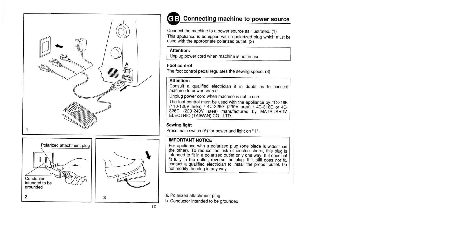 P- connecting machine to power source, Foot control, Sewing light | Important notice, Connecting machine to power source | SINGER 1725 User Manual | Page 18 / 84