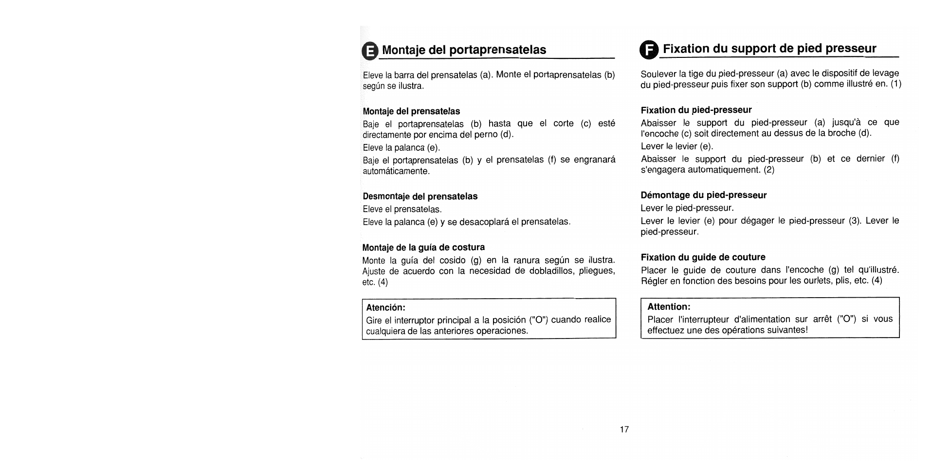 Q montaje del portaprensatelas, 0 fixation du support de pied presseur, Montaje del prénsatelas | Fixation du pied-presseur, Desmontaje del prénsatelas, Montaje de la guía de costura, Démontage du pied-presseur, Fixation du guide de couture, Fixation du support de pied presseur | SINGER 1725 User Manual | Page 25 / 84