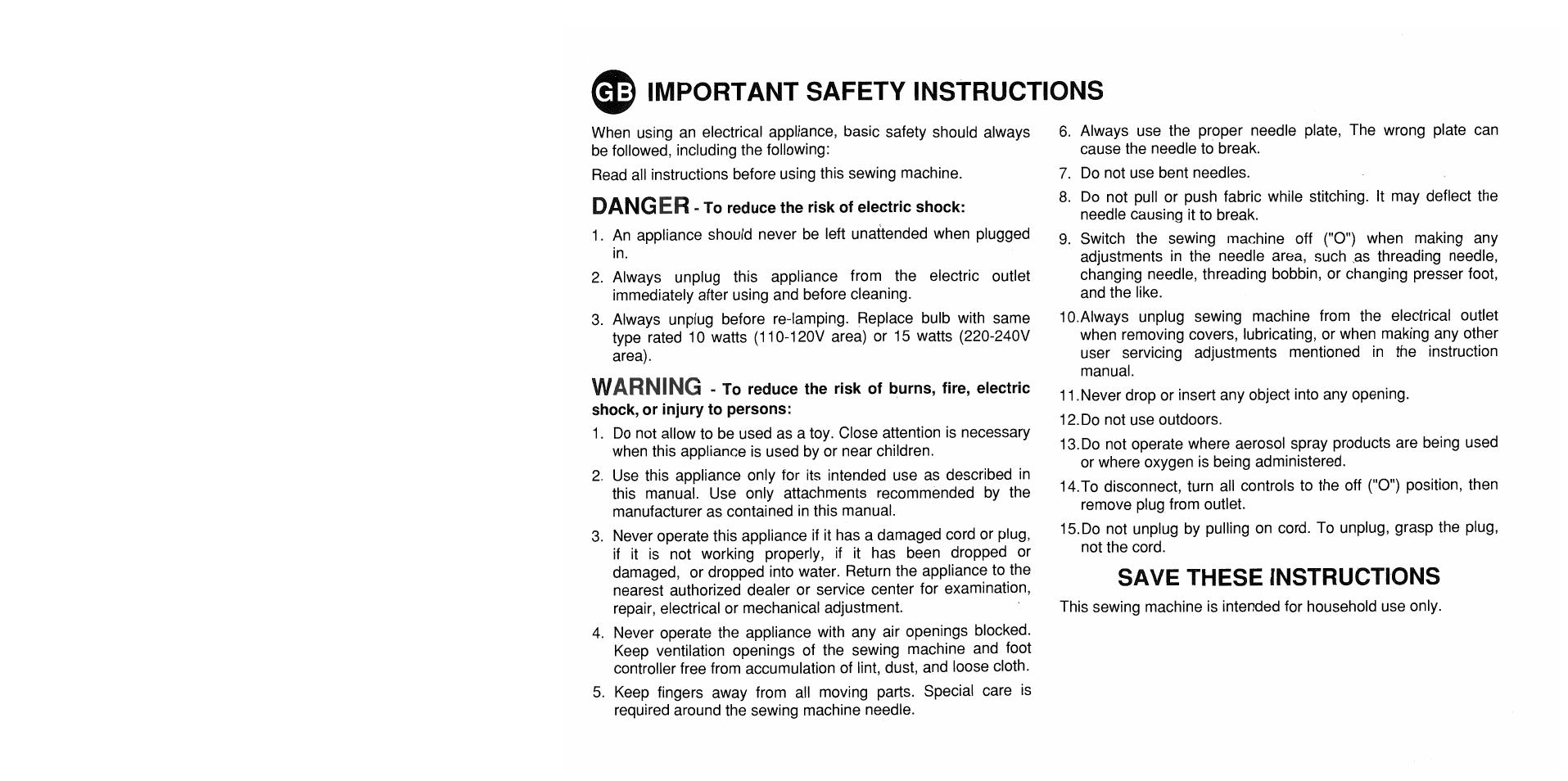 3 important safety instructions, Danger, Warning | Save these instructions | SINGER 1725 User Manual | Page 3 / 84