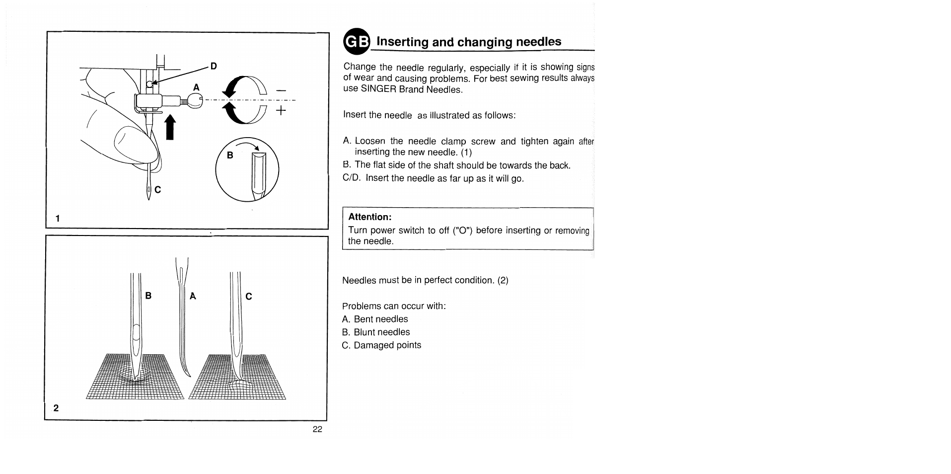 V- inserting and changing needles, Inserting and changing needles | SINGER 1725 User Manual | Page 30 / 84