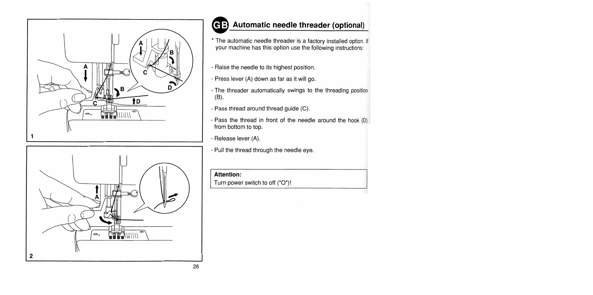 V- automatic needle threader (optional), Automatic needle threader (optional) | SINGER 1725 User Manual | Page 34 / 84