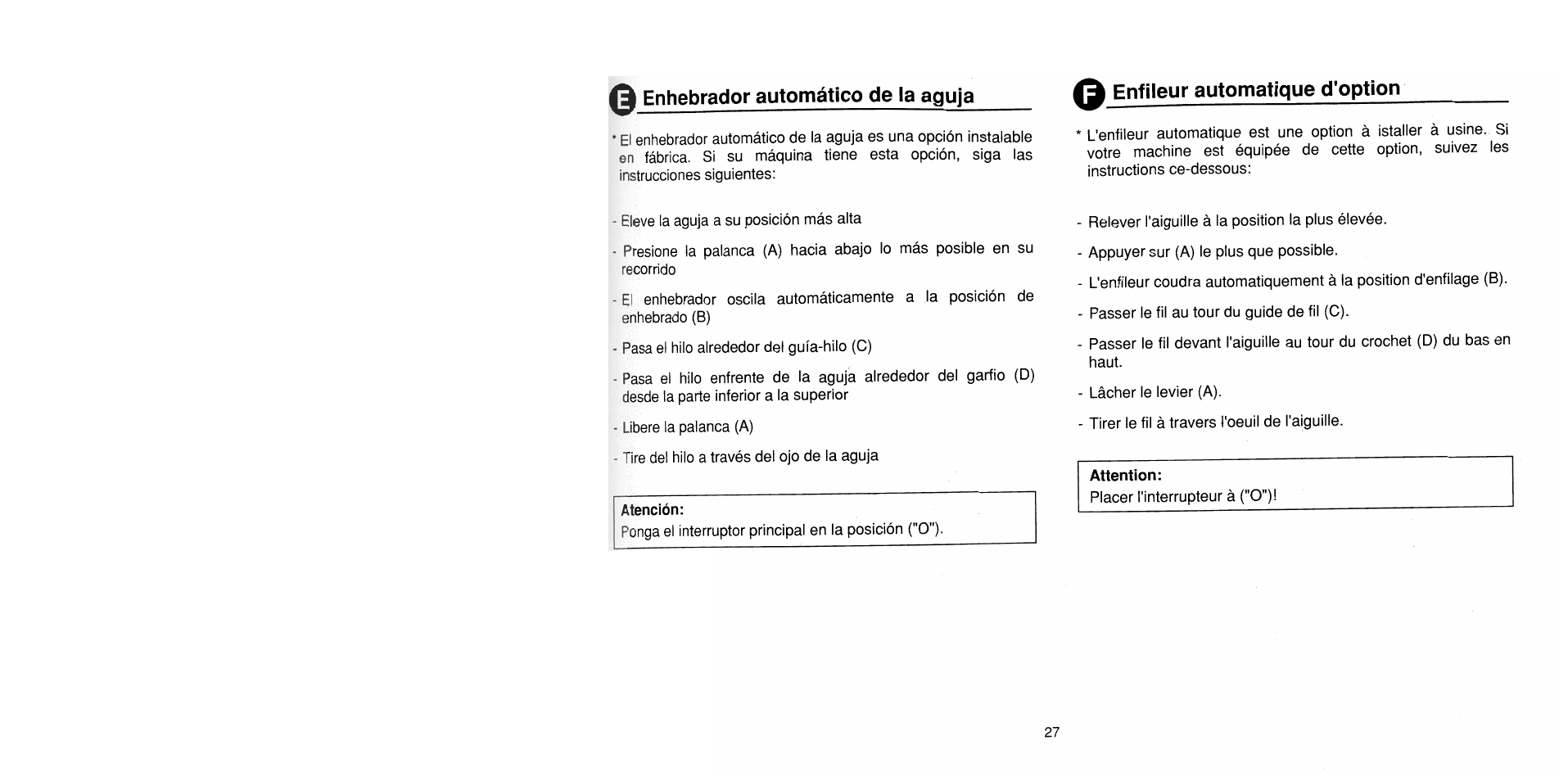 Enhebrador automático de la aguja, Enfileur automatique d'option, Attention | SINGER 1725 User Manual | Page 35 / 84