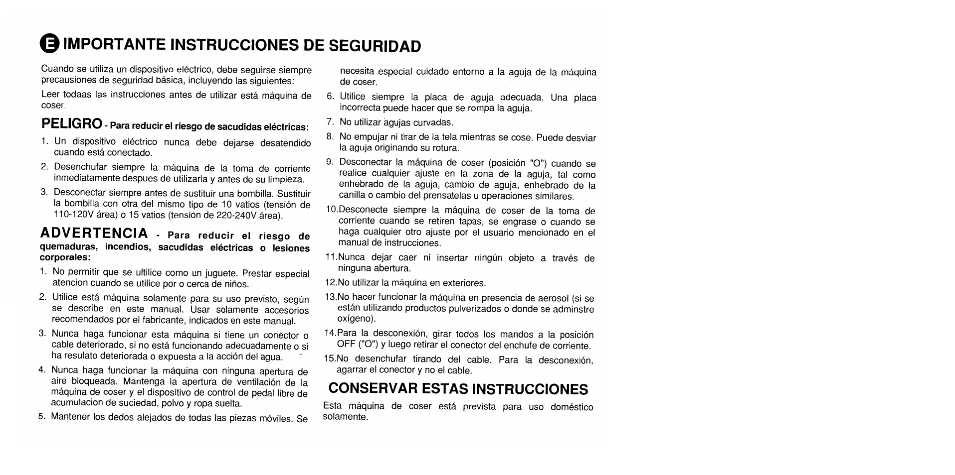 Importante instrucciones de seguridad, Peligro, Advertencia | Conservar estas instrucciones | SINGER 1725 User Manual | Page 4 / 84