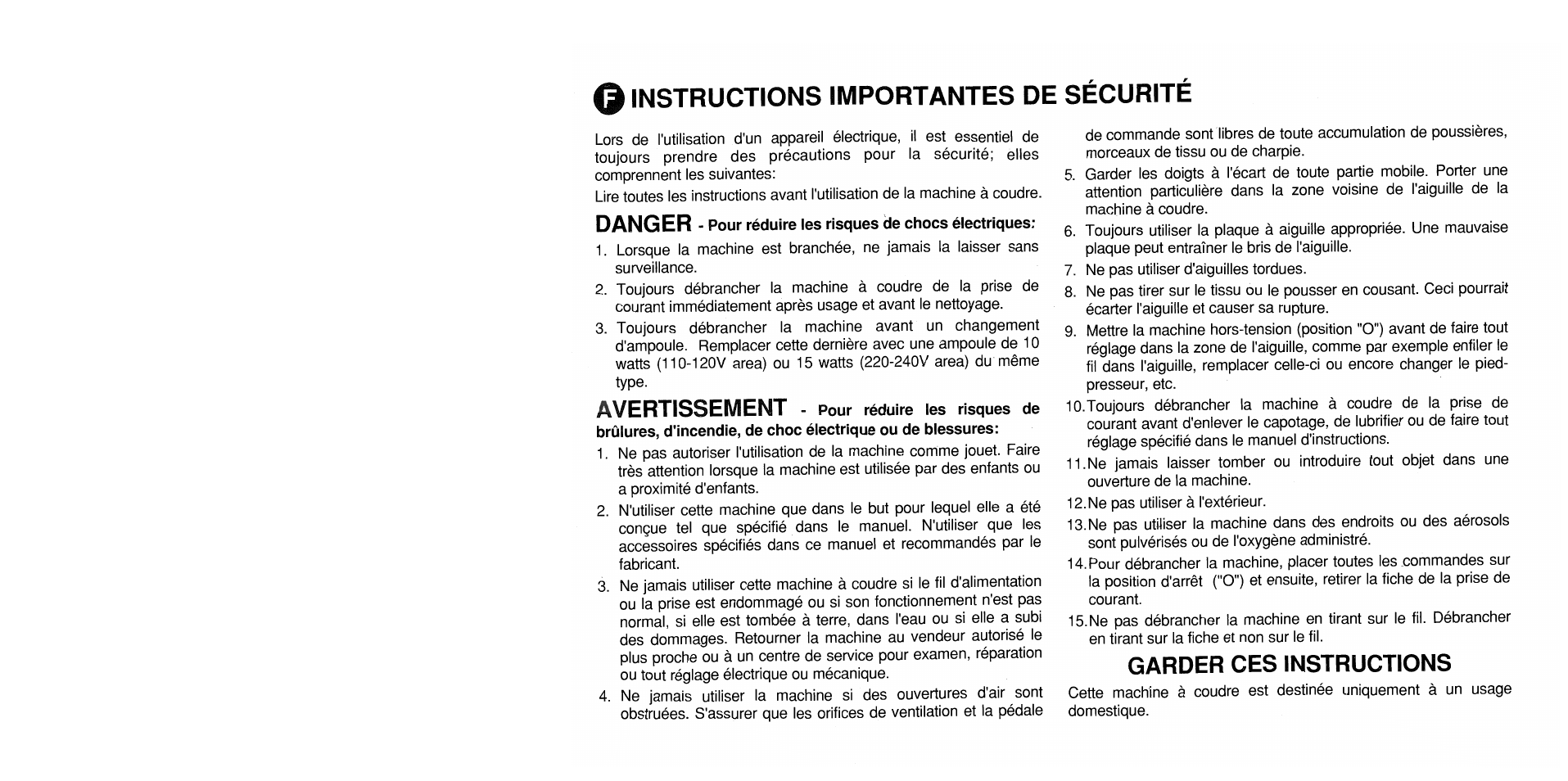 O instructions importantes de sécurité, Danger, Avertissement | Garder ces instructions | SINGER 1725 User Manual | Page 5 / 84