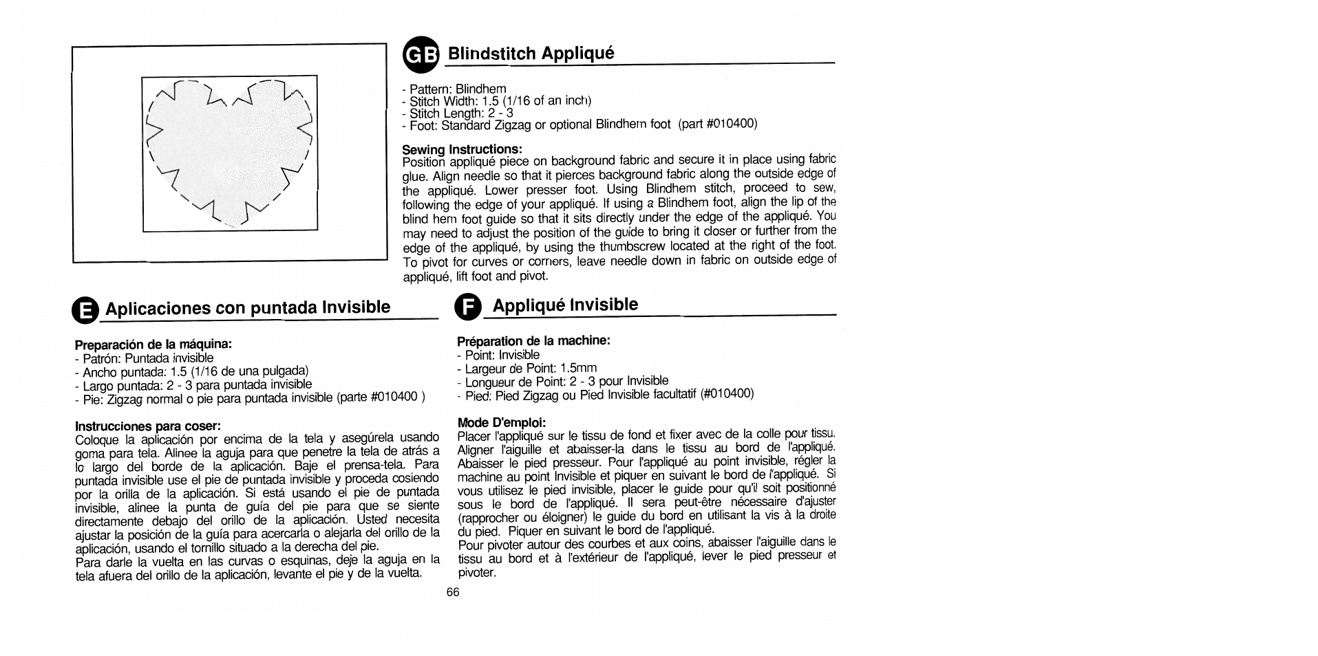 D blindstitch appliqué, Preparación de la máquina, Instrucciones para coser | Préparation de la machine, Mode d'emploi, Blindstitch appliqué | SINGER 1725 User Manual | Page 74 / 84