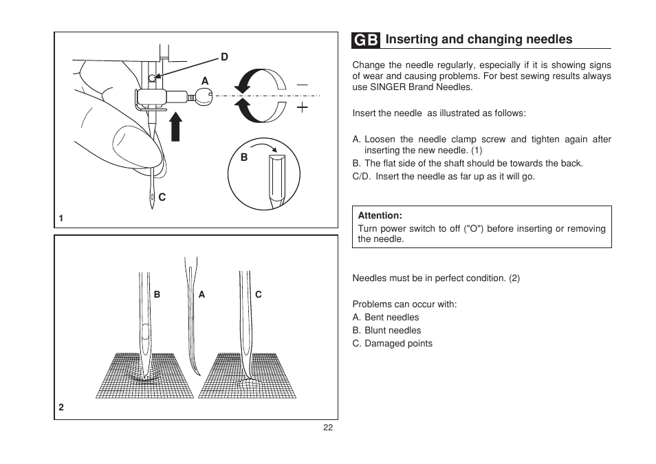Inserting and changing needles | SINGER 1732 Esteem User Manual | Page 29 / 88