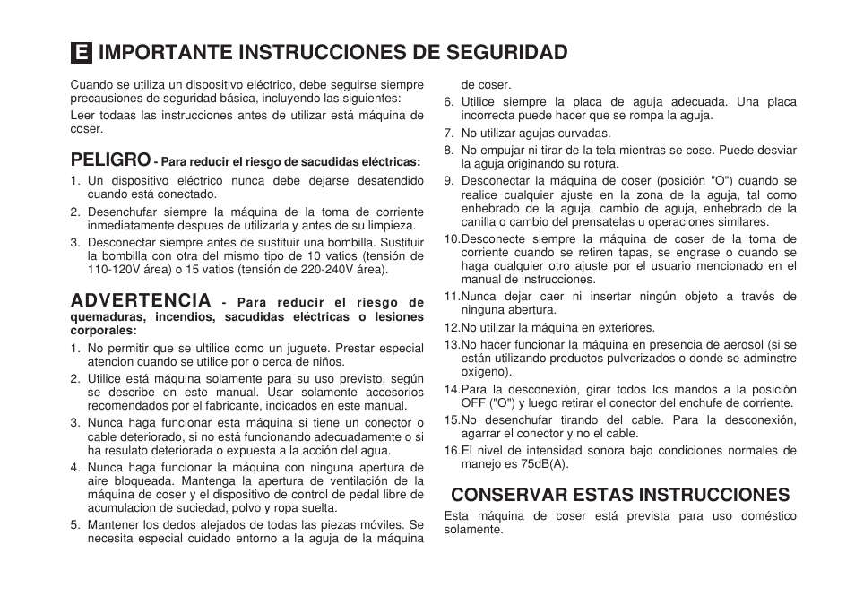Importante instrucciones de seguridad, Peligro advertencia conservar estas instrucciones | SINGER 1732 Esteem User Manual | Page 3 / 88