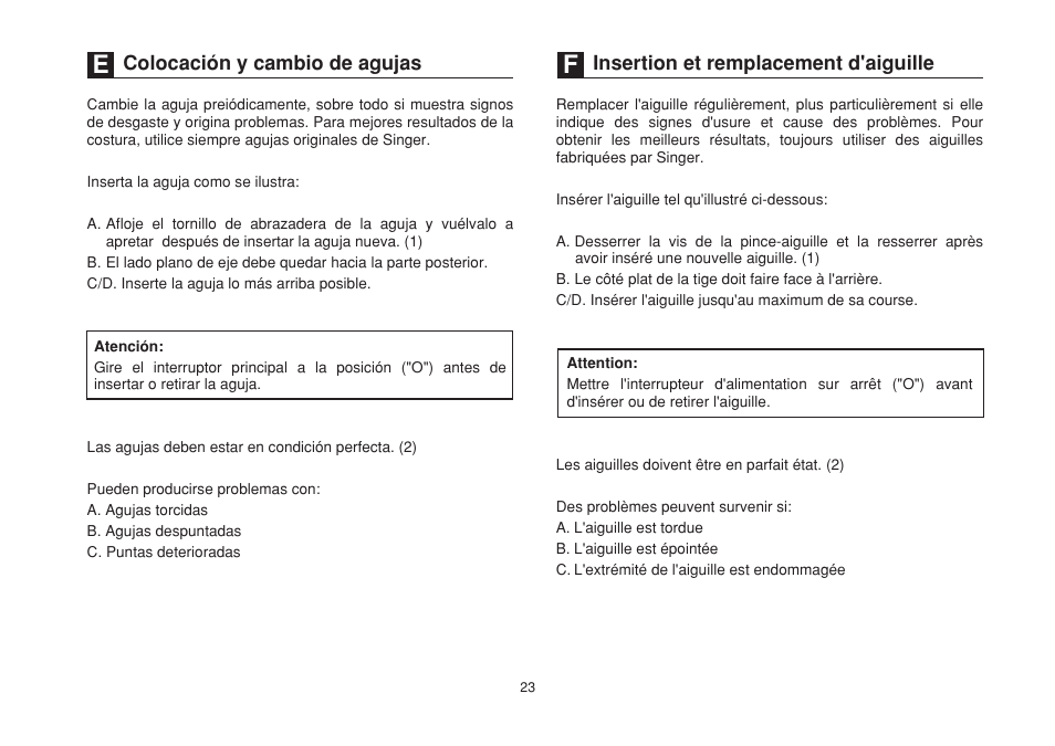 Colocación y cambio de agujas, Insertion et remplacement d'aiguille | SINGER 1732 Esteem User Manual | Page 30 / 88