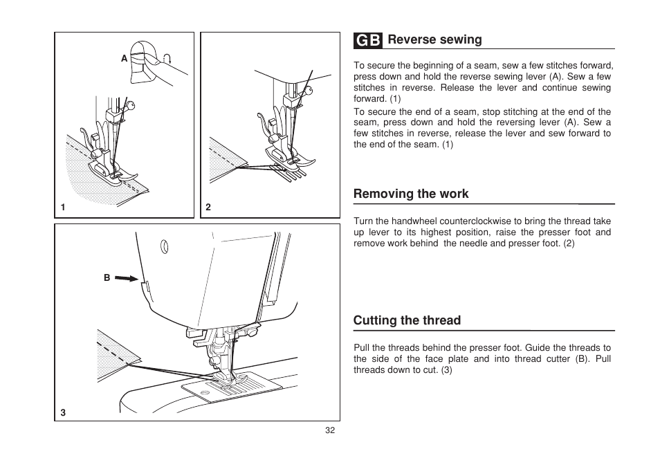 Removing the work cutting the thread, Reverse sewing | SINGER 1732 Esteem User Manual | Page 39 / 88