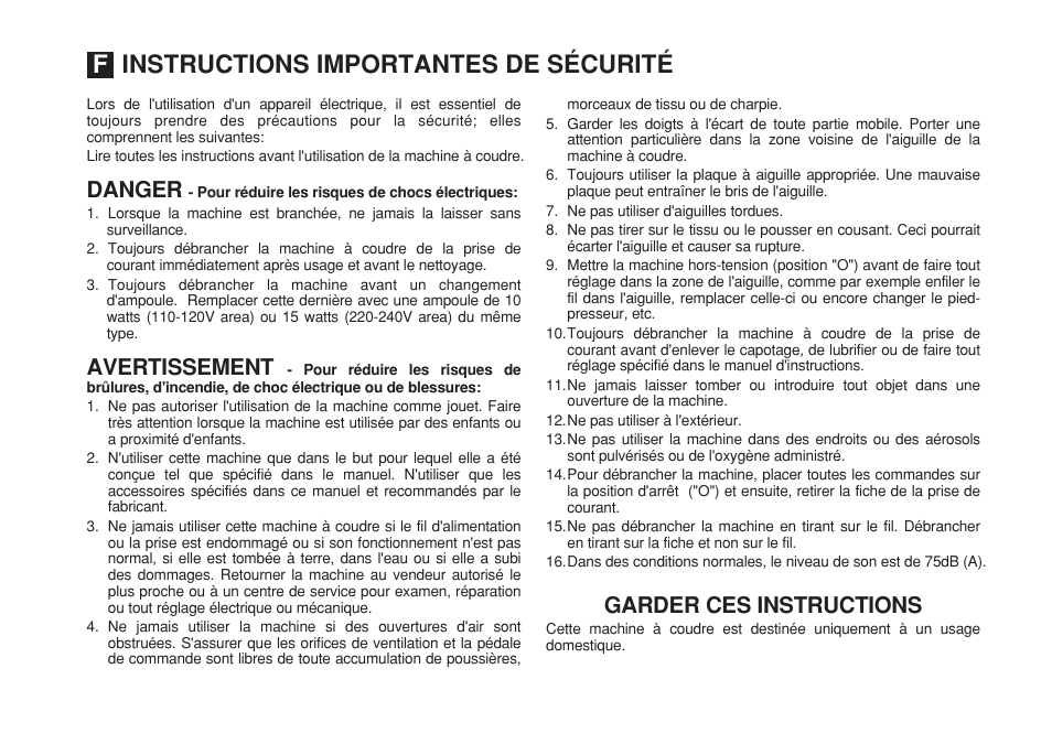 Instructions importantes de sécurité, Danger avertissement garder ces instructions | SINGER 1732 Esteem User Manual | Page 4 / 88