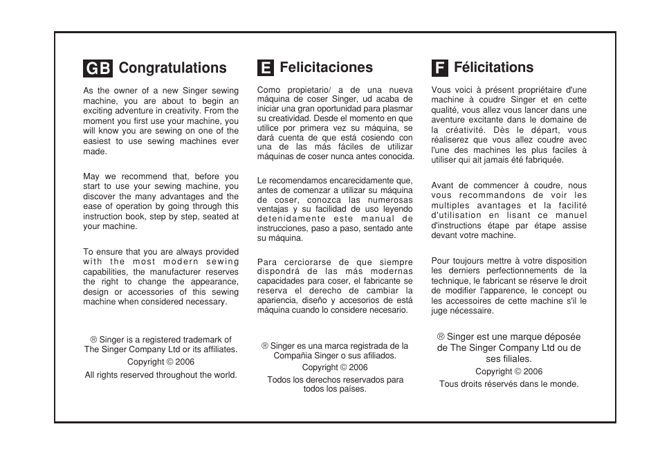 Felicitaciones, Félicitations | SINGER 1732 Esteem User Manual | Page 5 / 88