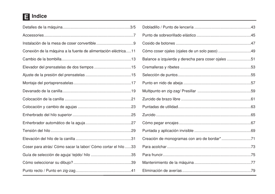 Indice | SINGER 1732 Esteem User Manual | Page 7 / 88