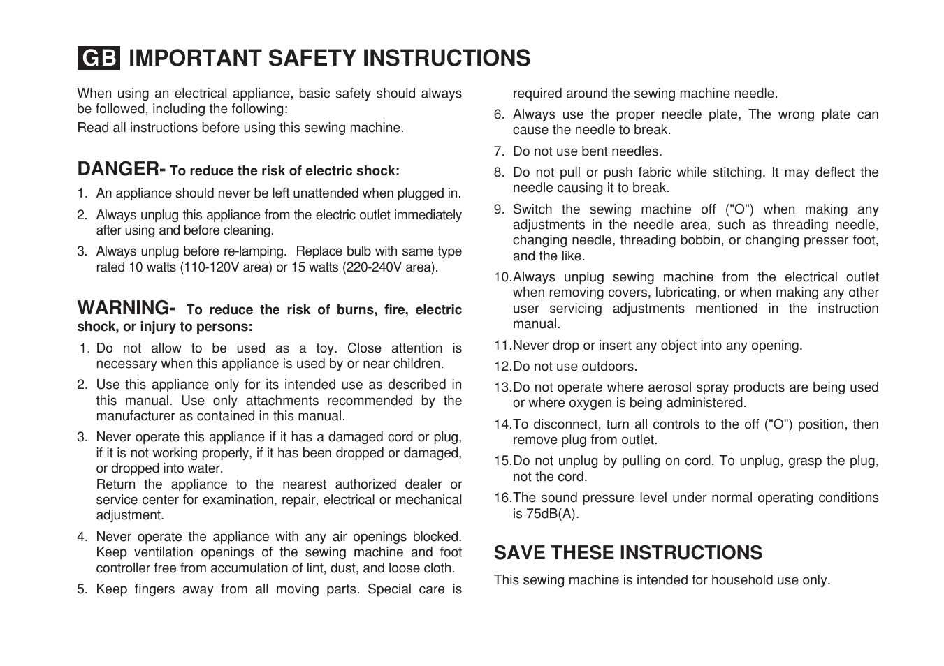 Important safety instructions gb, Danger- save these instructions, Warning | SINGER 1748 User Manual | Page 2 / 96